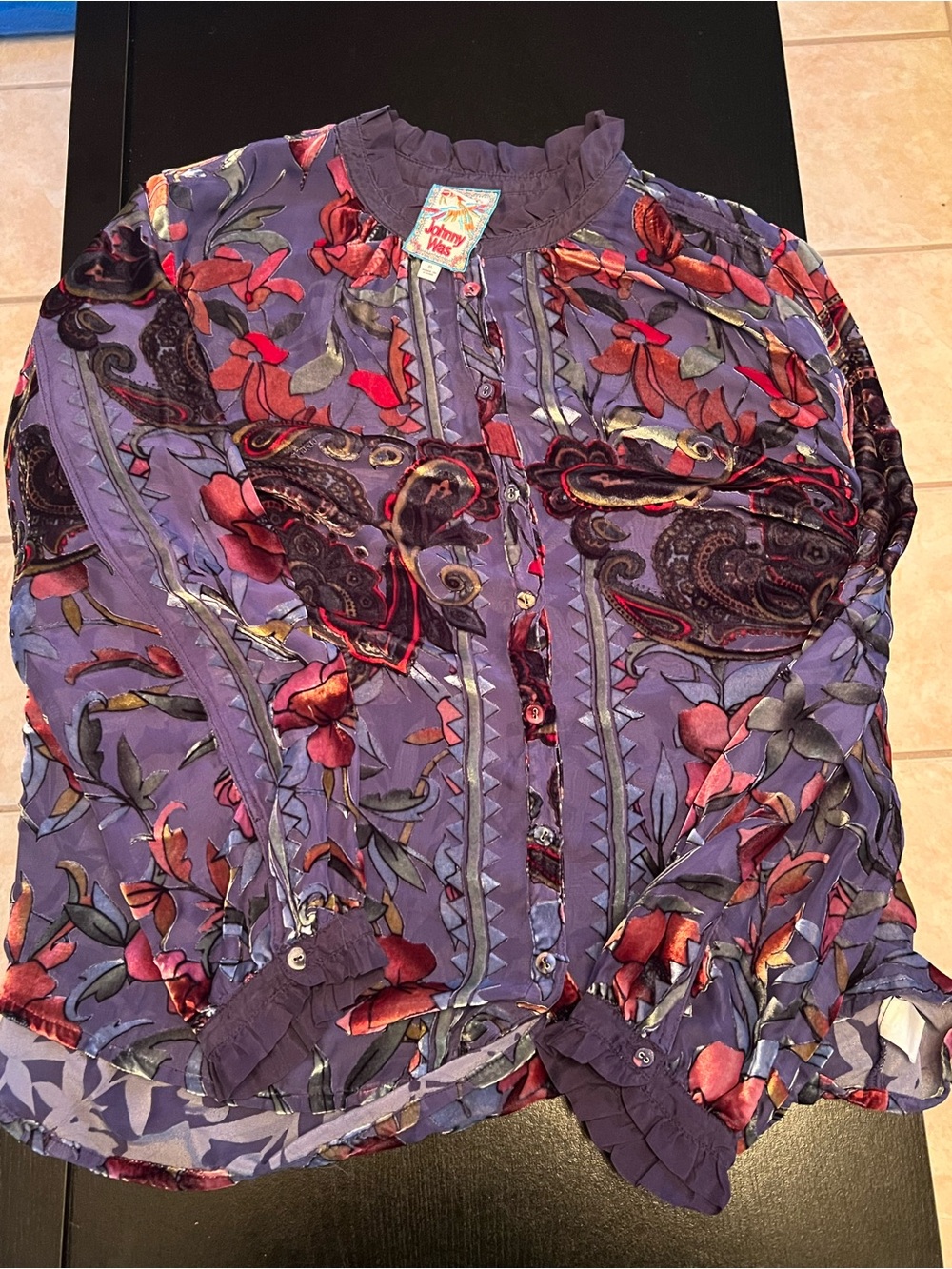 Johnny Was Purple Floral Velvet-Paisley Button Blouse
